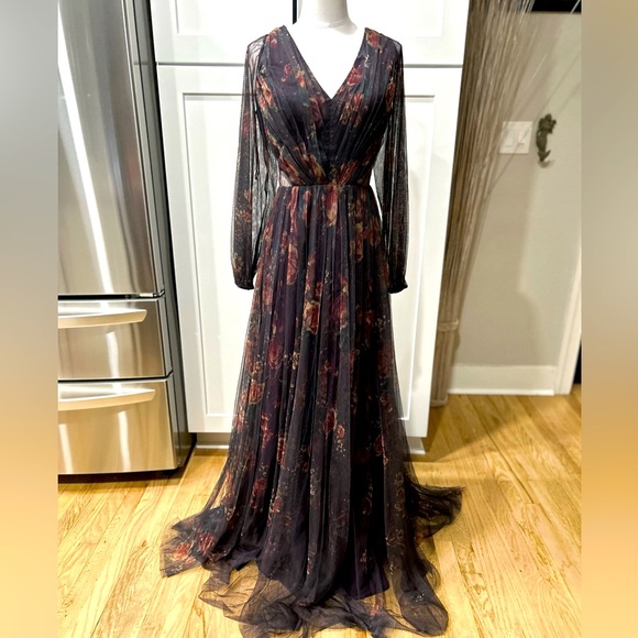 Marchesa Notte Long Floral Print Dress With Black Mesh Overlay, Deep V - Picture 2 of 12